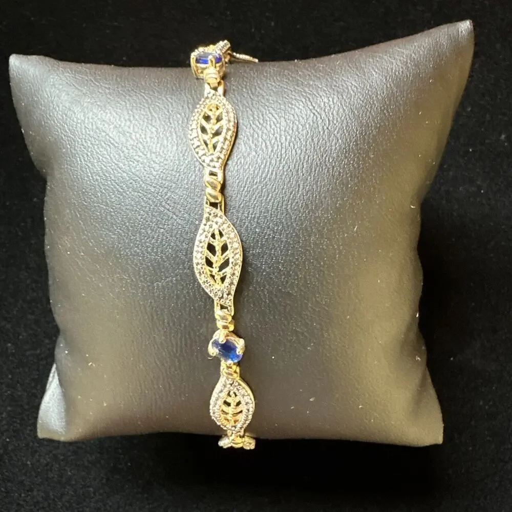 SIGNED DL Gold Plated Sterling 925 Filigree Sapphire Blue Crystals 7.5” Bracelet - Picture 1 of 12